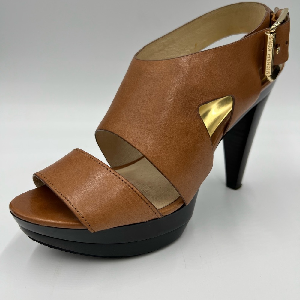 Michael Kors Brown Leather Open-Toe Platform Heel with Gold Accent